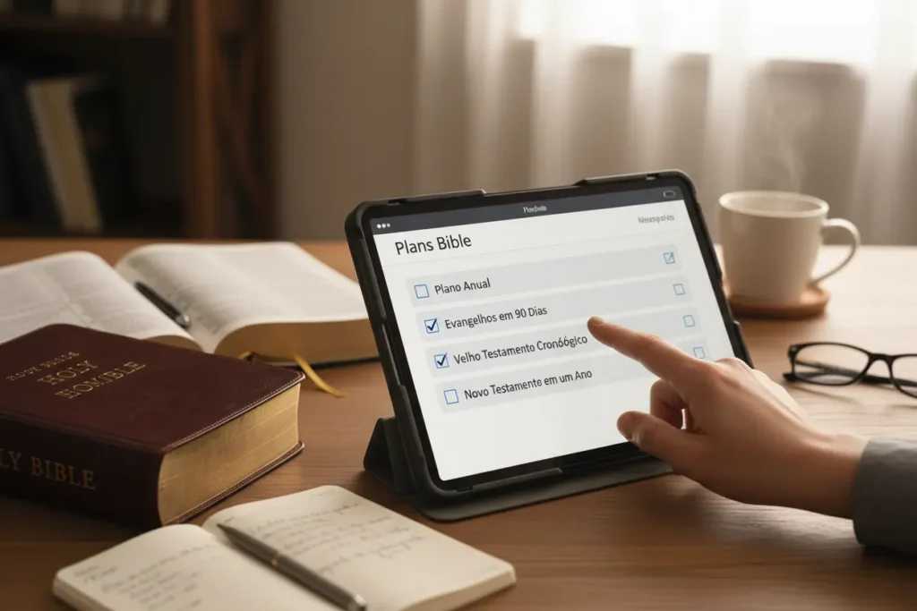 Mulher cristã escolhendo um plano de leitura bíblica ideal
