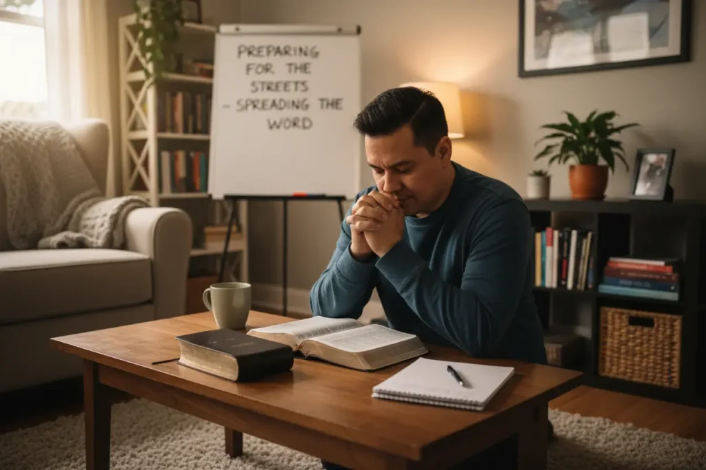 Oração e estudo bíblico para missão de rua.